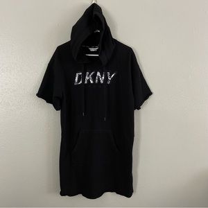 DKNY Sport Over-Sized Short Sleeve Hoodie Dress Logo Drawstring Black Size M NEW